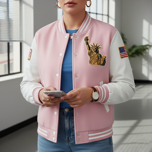 Person wearing a pink and white varsity jacket with patches indoors