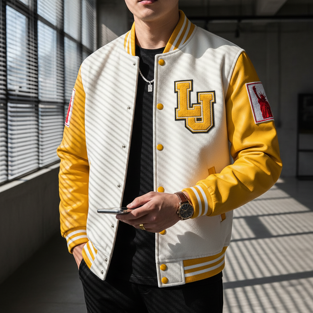 Person wearing a white and yellow varsity jacket with a logo, standing indoors.