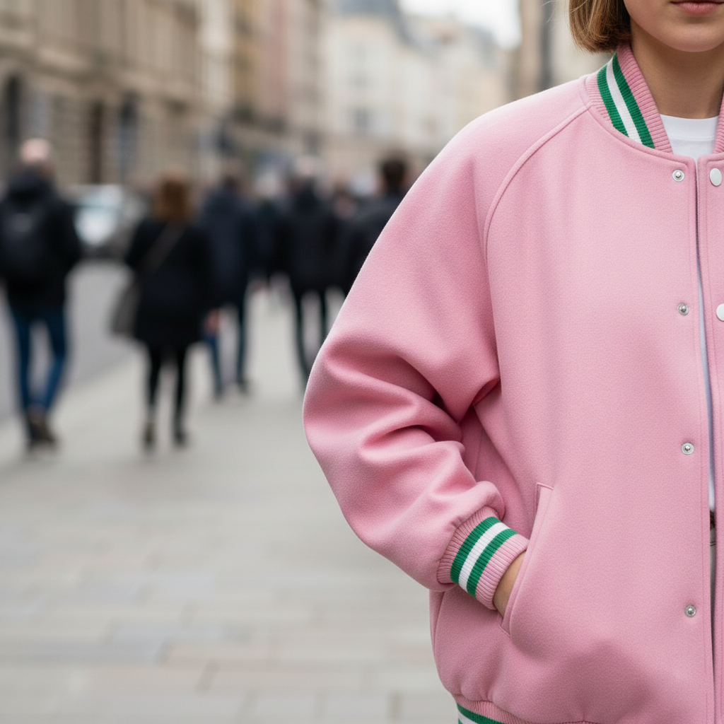 Person wearing a pink bomber jacket with green accents in an urban setting