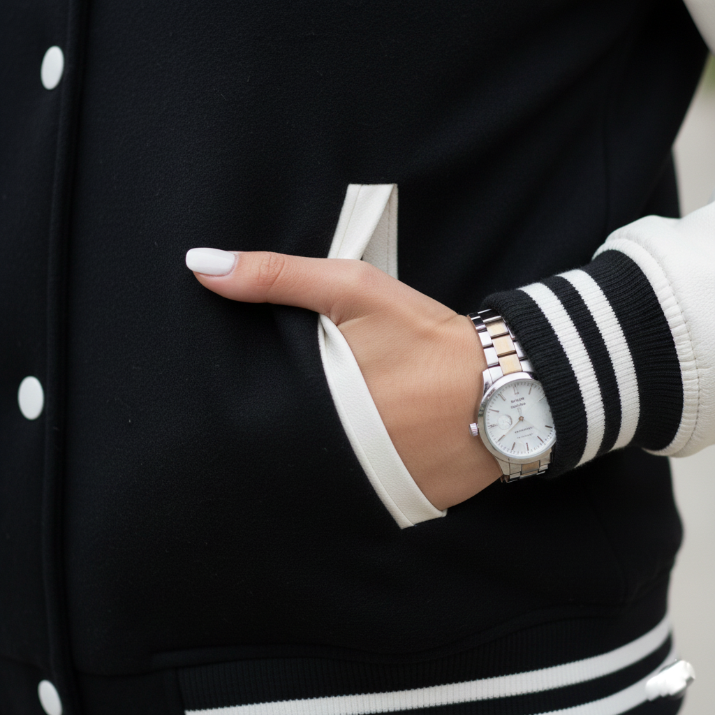 Hand wearing a watch with a black and white jacket