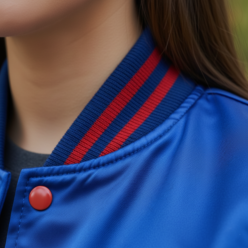 Close-up of a blue jacket with red buttons and stripes.