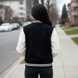 Person wearing a black and white varsity jacket walking on a sidewalk.
