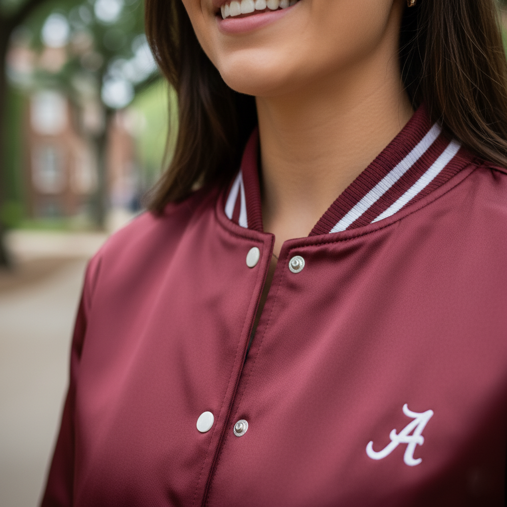 Person wearing a maroon letterman jacket with a white 'A' emblem, outdoors.