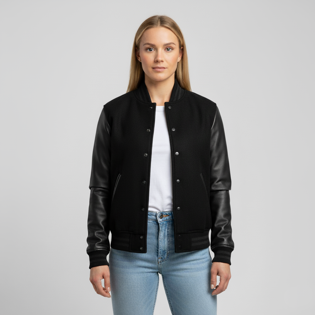 Woman wearing a black leather jacket over a white shirt and blue jeans on a gray background