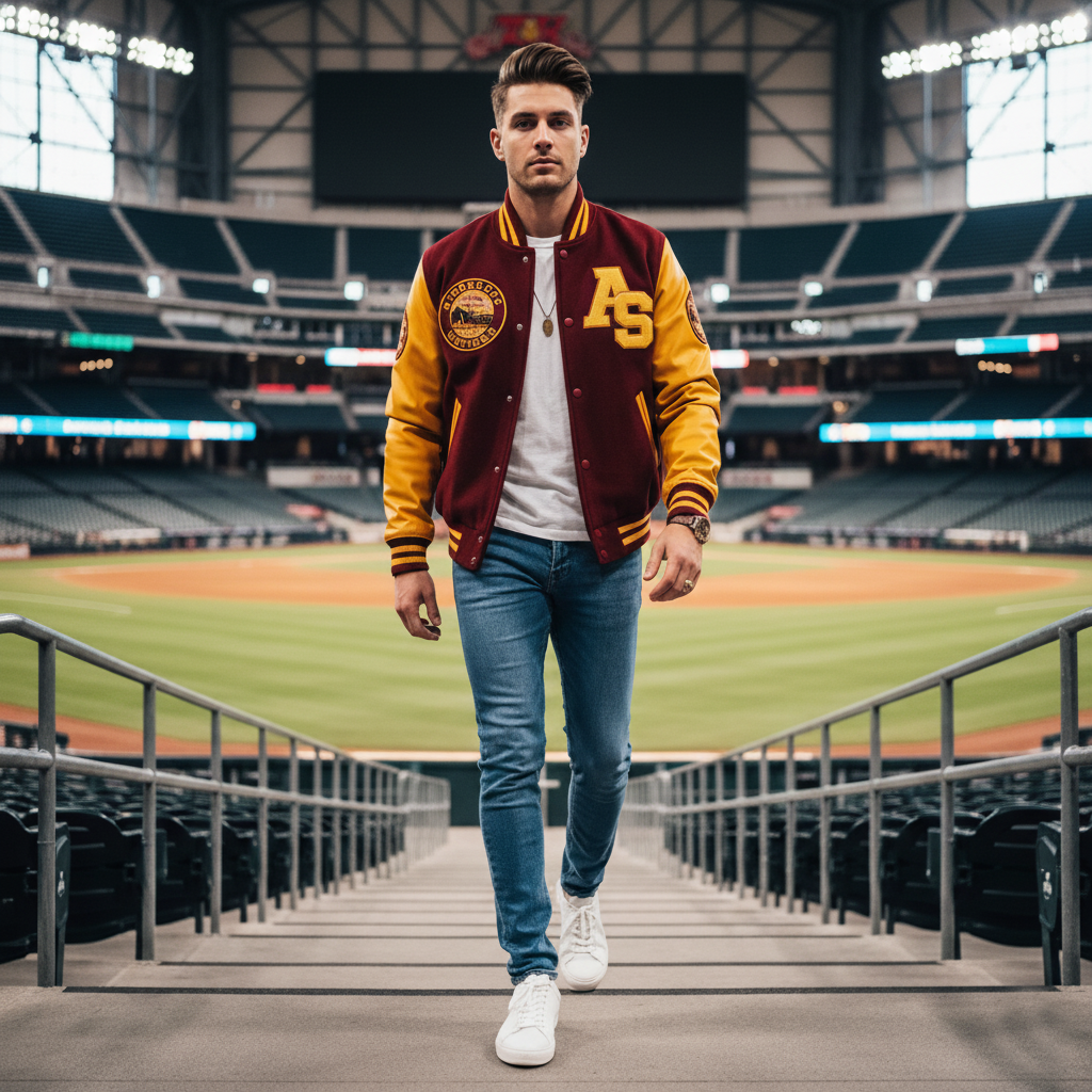 Man in a maroon and yellow varsity jacket walking on a stadium staircase.