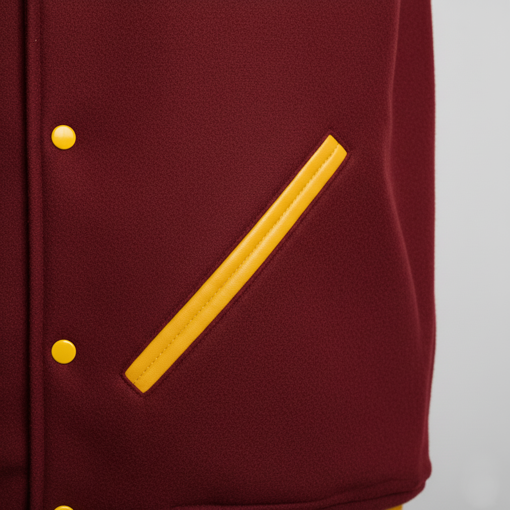 Maroon letterman jacket with yellow stripe and buttons on a gray background