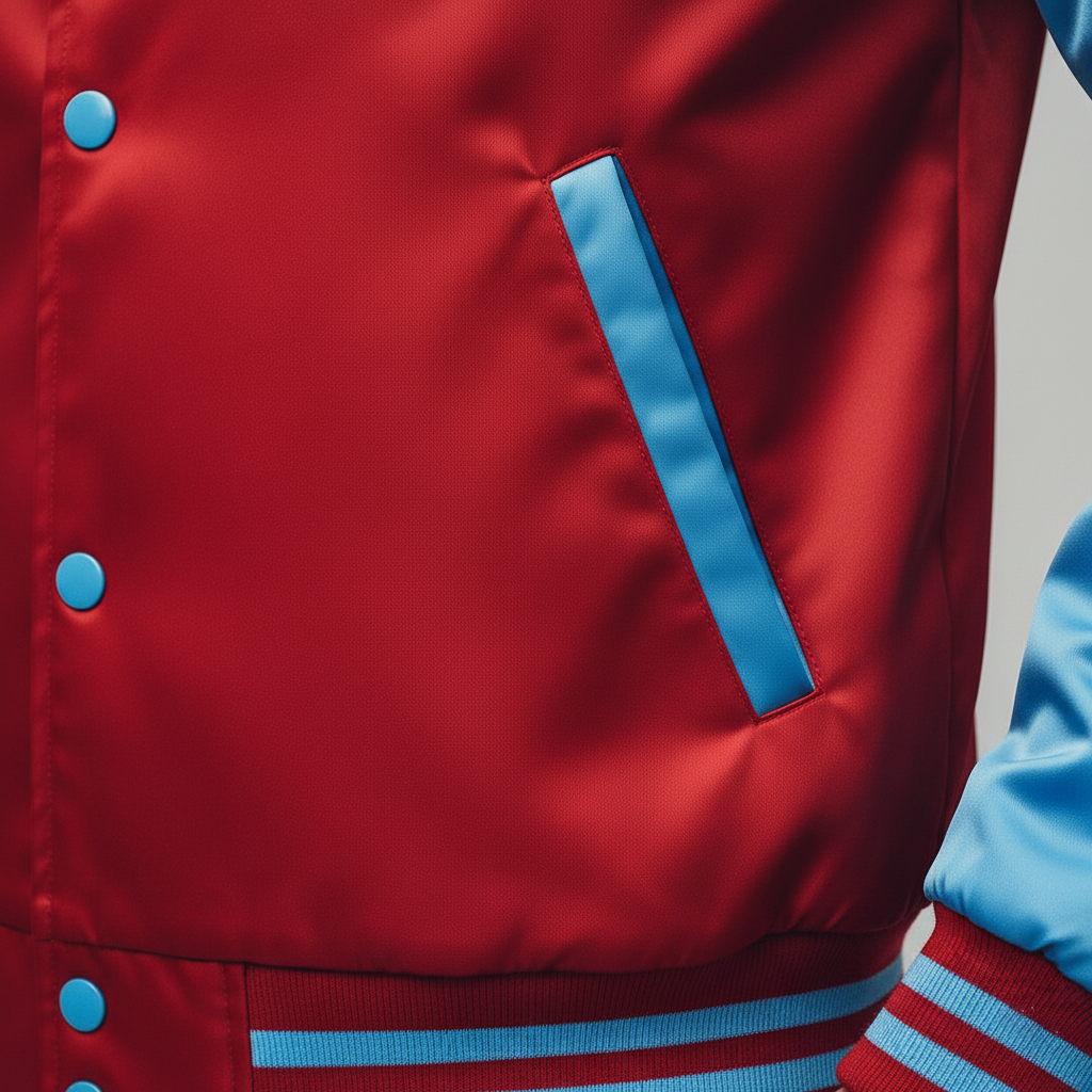 Red jacket with blue accents on a plain background 