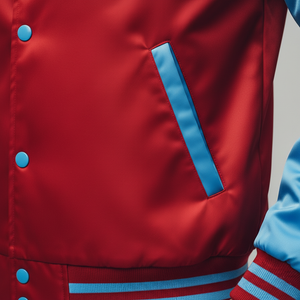 Red jacket with blue accents on a plain background 