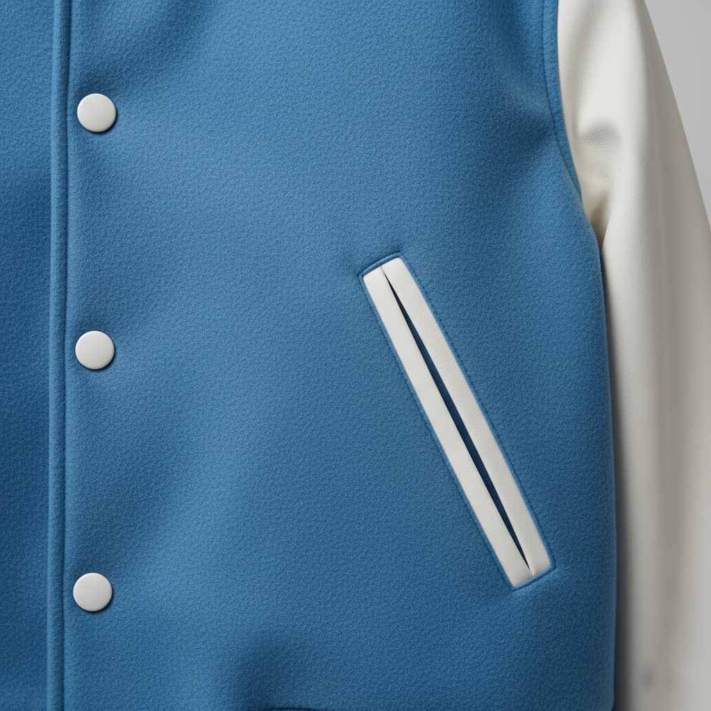 Blue letterman jacket with white buttons and placket on a gray background