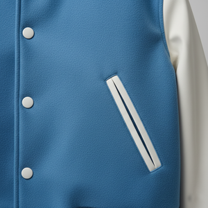 Blue letterman jacket with white buttons and placket on a gray background