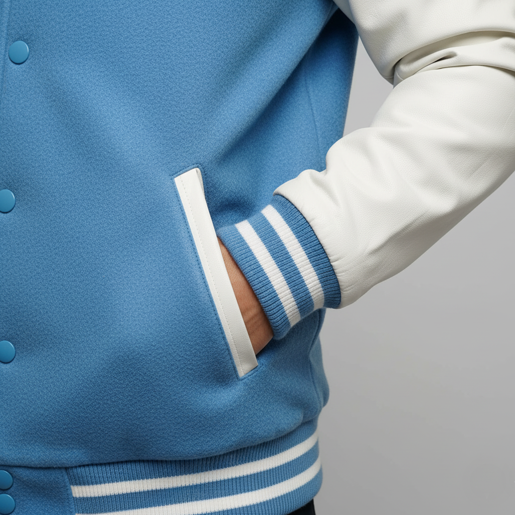 Close-up of a blue varsity jacket with white trim on a gray background