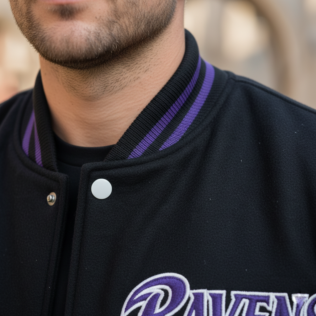 Close-up of a person wearing a black letterman jacket with purple accents and 'RAVENS' text.