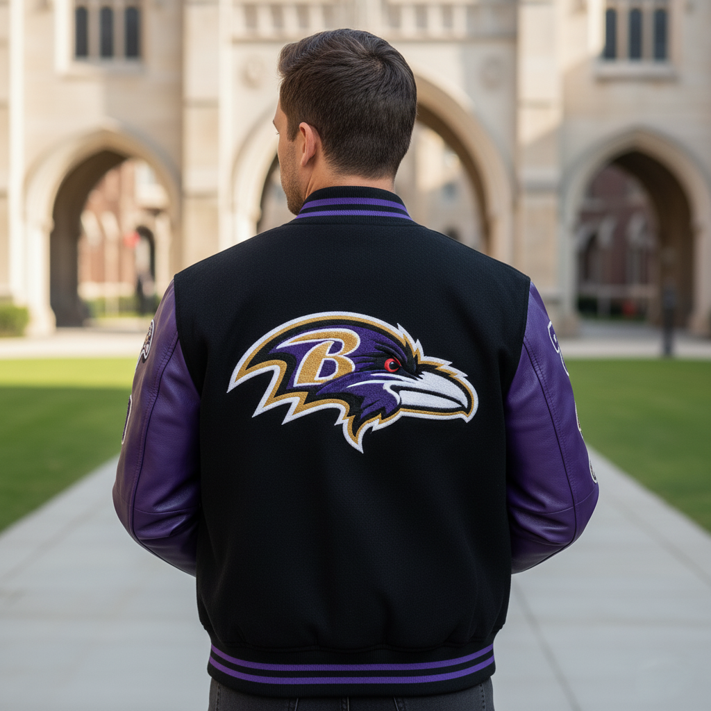 Person wearing a black and purple letterman jacket with a logo in an outdoor setting