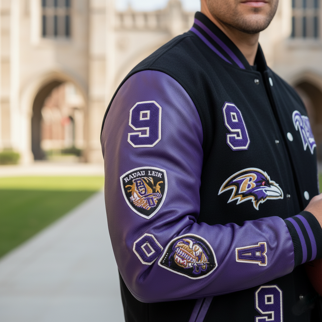Person wearing a black and purple letterman jacket with logos in front of a building.