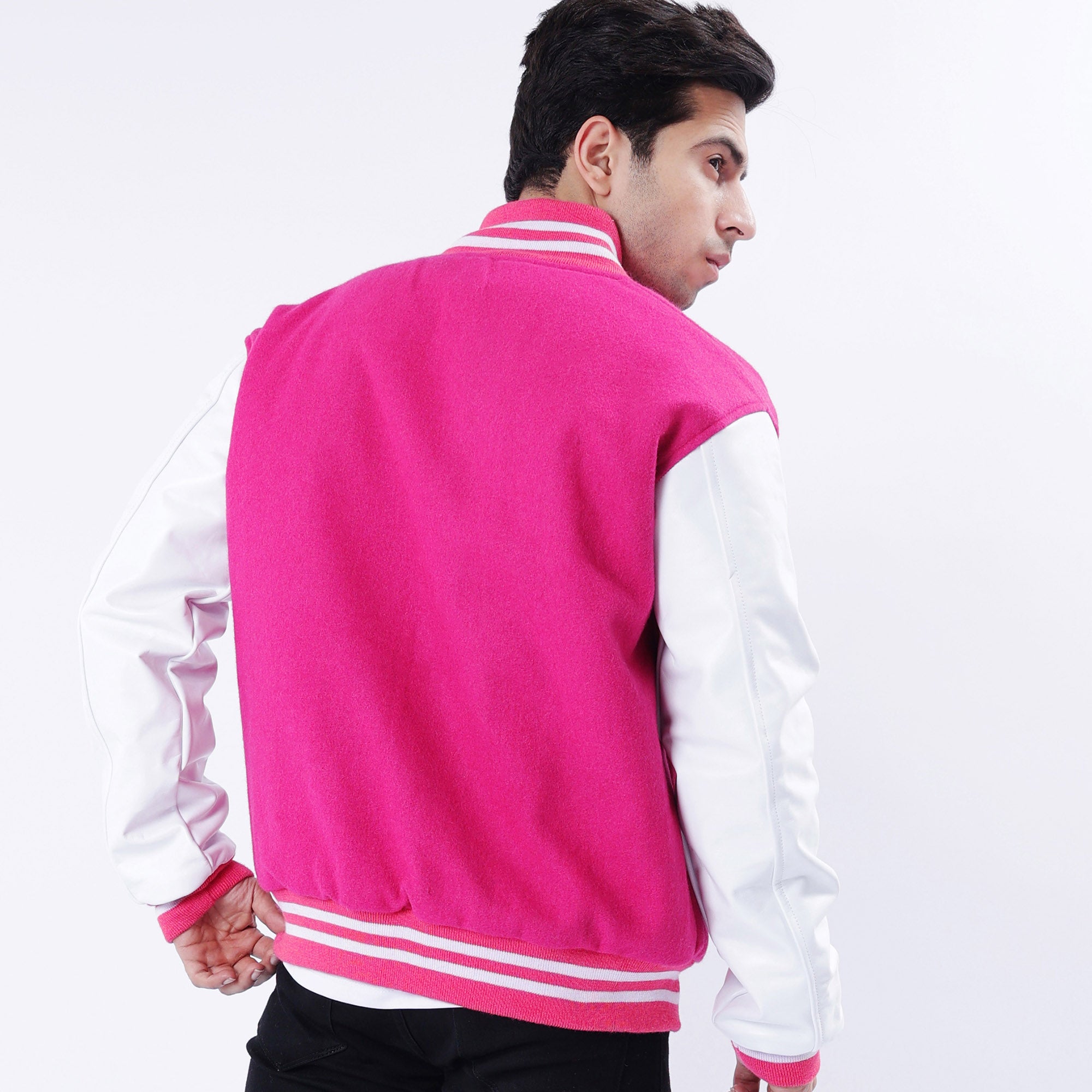 Pink Men's Baseball Letterman Jacket Wool Body Leather Sleeves