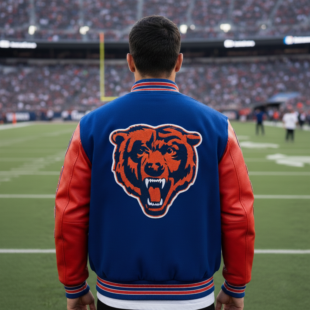 Person wearing a blue and red letterman jacket with a bear logo on a football field.