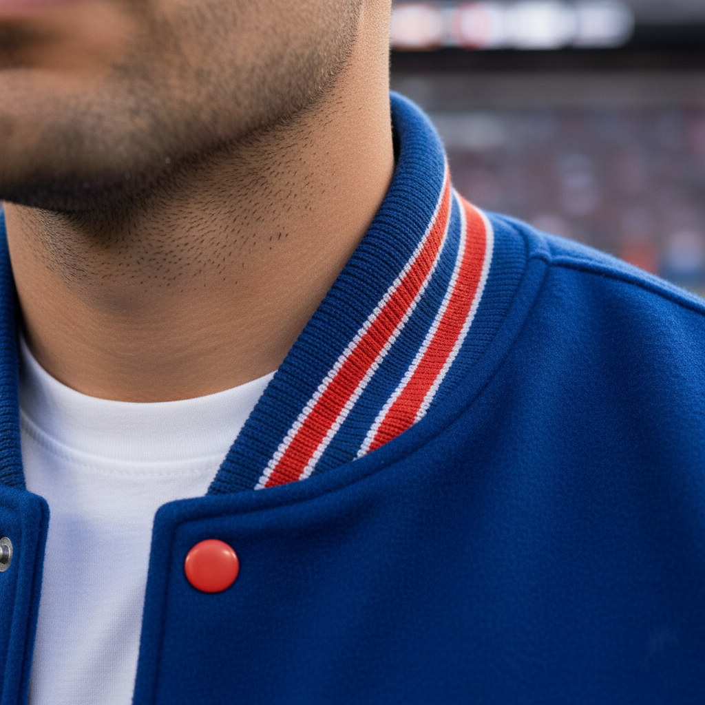 Close-up of a person wearing a blue jacket with red and white striped collar and button.