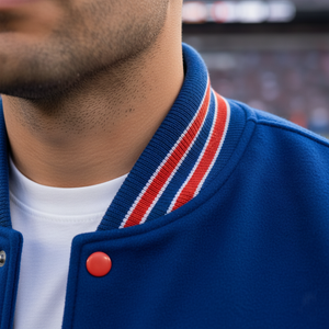 Close-up of a person wearing a blue jacket with red and white striped collar and button.