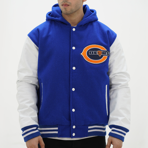 Front view of Bears hooded letterman jacket with customizable names numbers and patches for Chicago NFL football fans