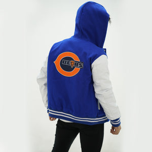 Back view of Bears letterman hoodie displaying attached hood and blue wool with white leather sleeve design for NFL fans