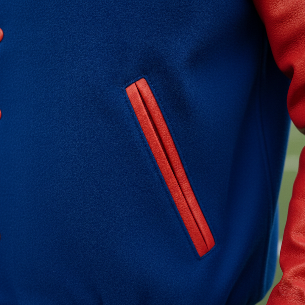 Close-up of a blue and red sports jacket with a logo on the chest.
