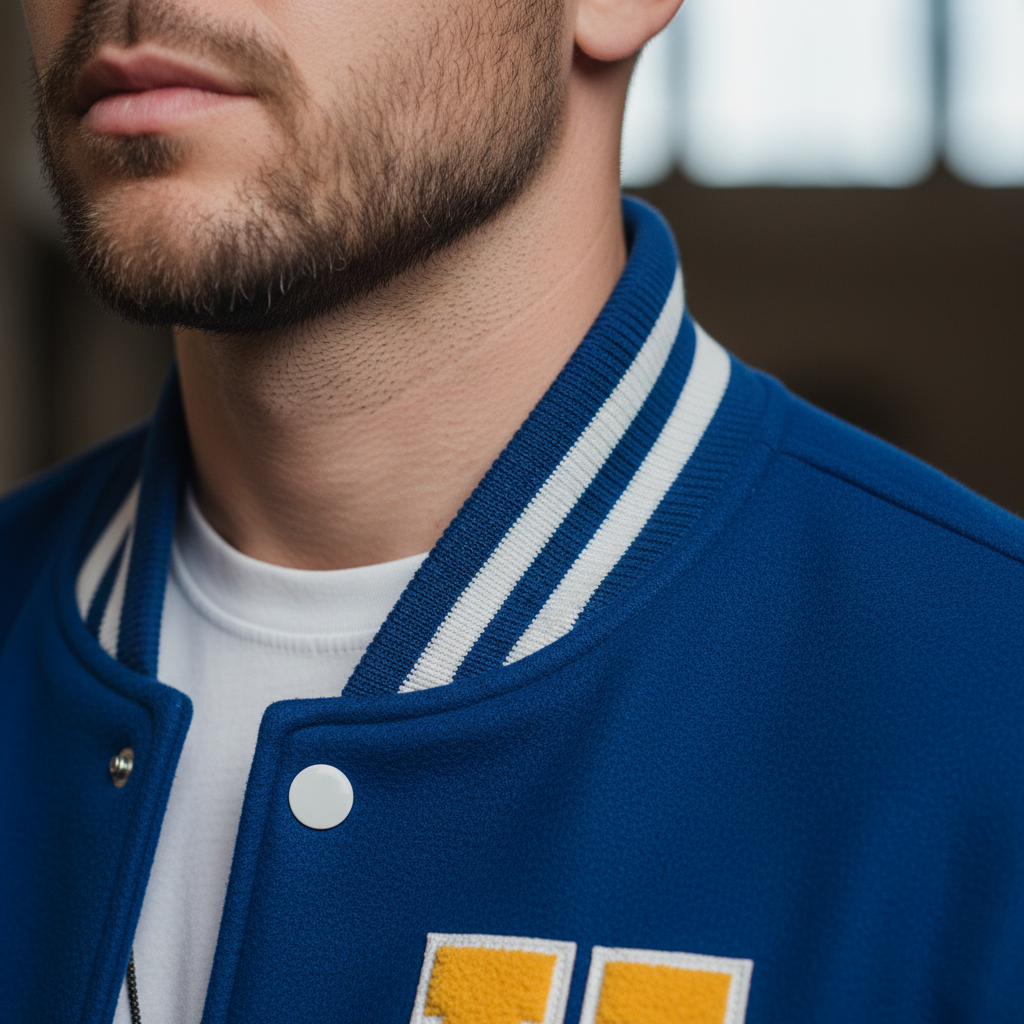 Close-up of a person wearing a blue varsity jacket with white stripes on a blurred background