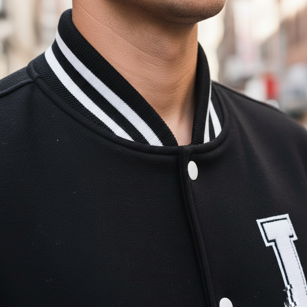 Black varsity jacket with white stripes and lettering on a blurred background