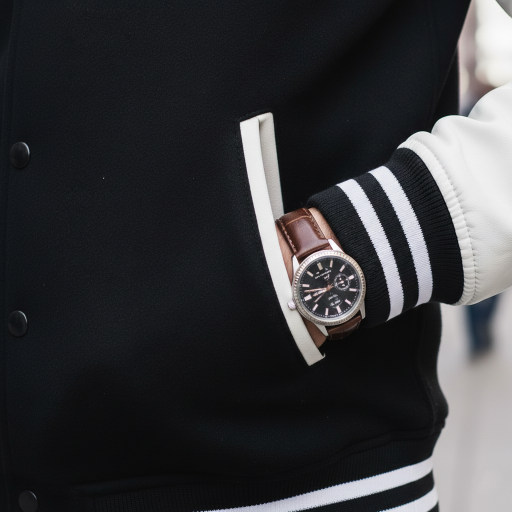 Person wearing a black jacket with a white stripe, holding a brown leather wallet with a watch on it.