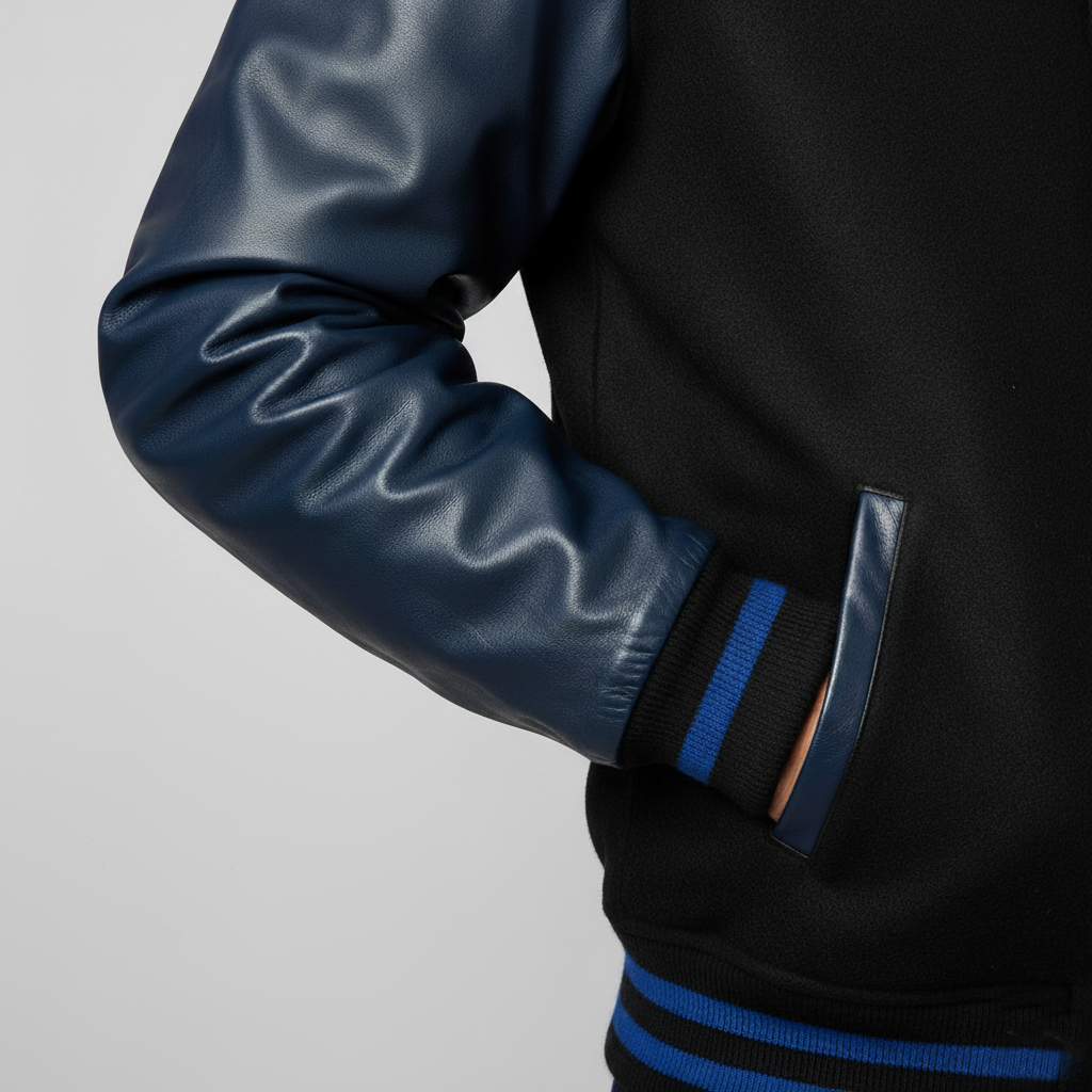 Black jacket with blue accents on a gray background