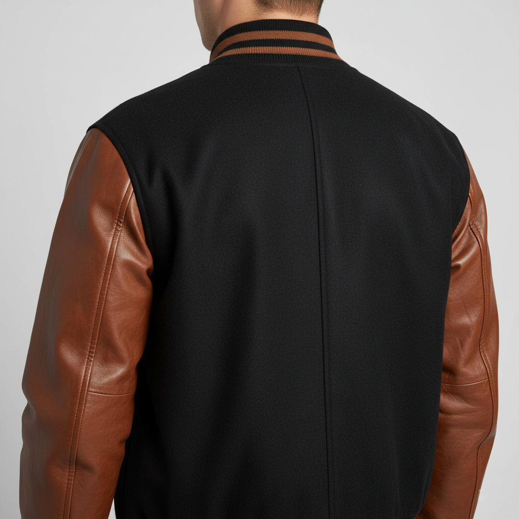 Black jacket with brown leather sleeves on a plain background