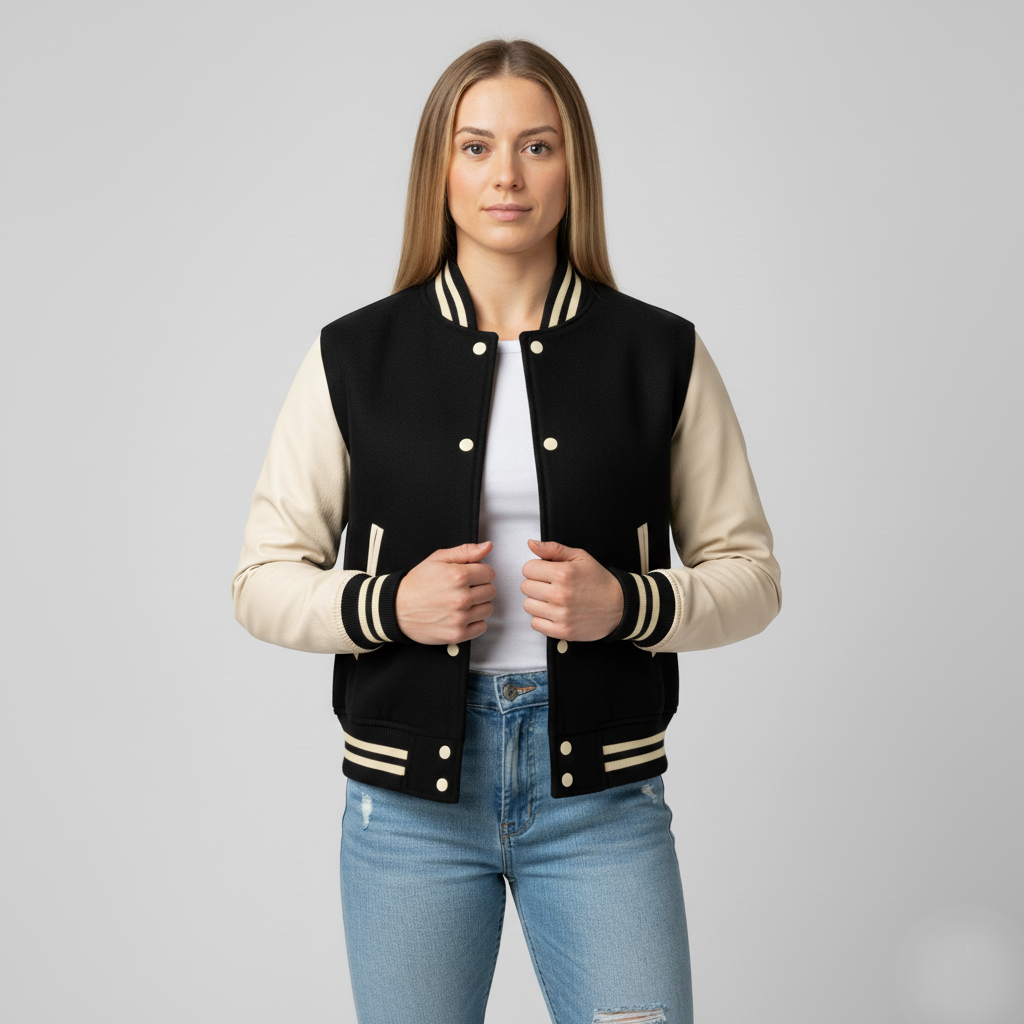 Woman wearing a black and cream varsity jacket on a gray background