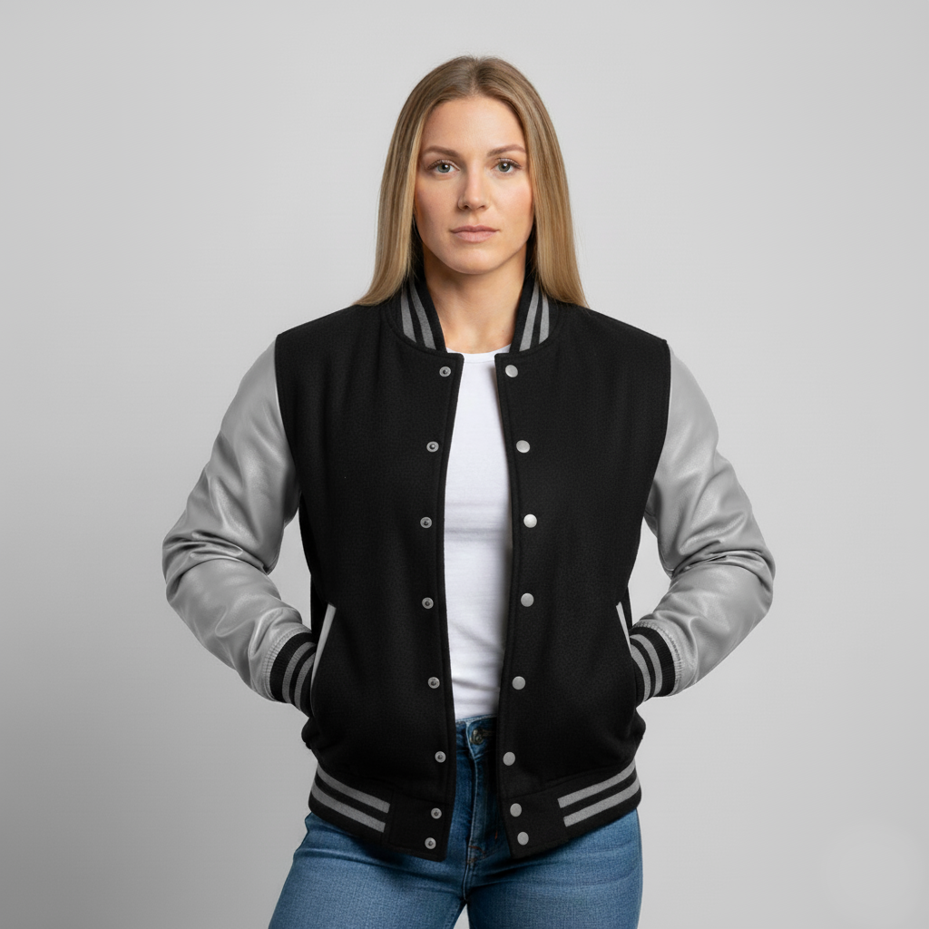 Woman wearing a black and gray varsity jacket on a gray background