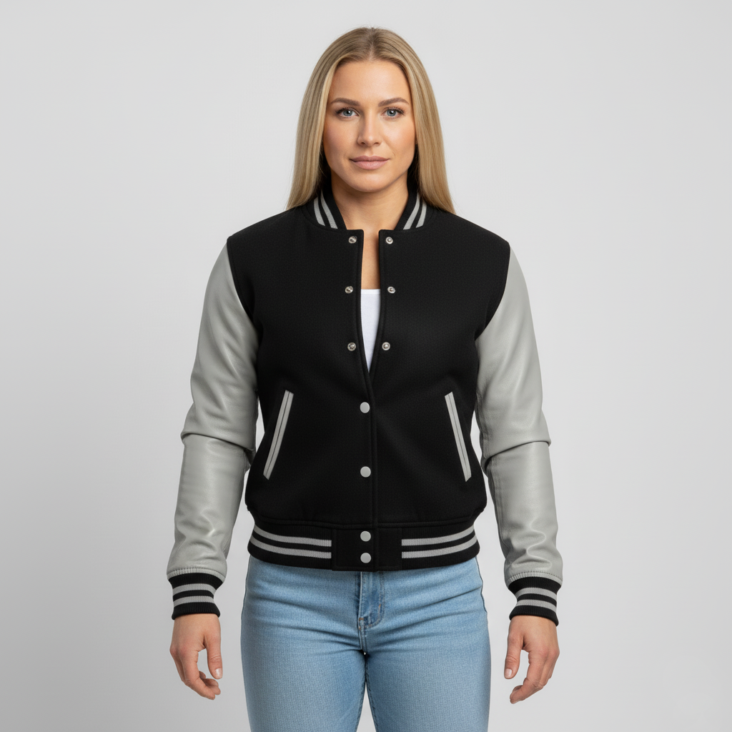 Woman wearing a black and gray varsity jacket on a plain background