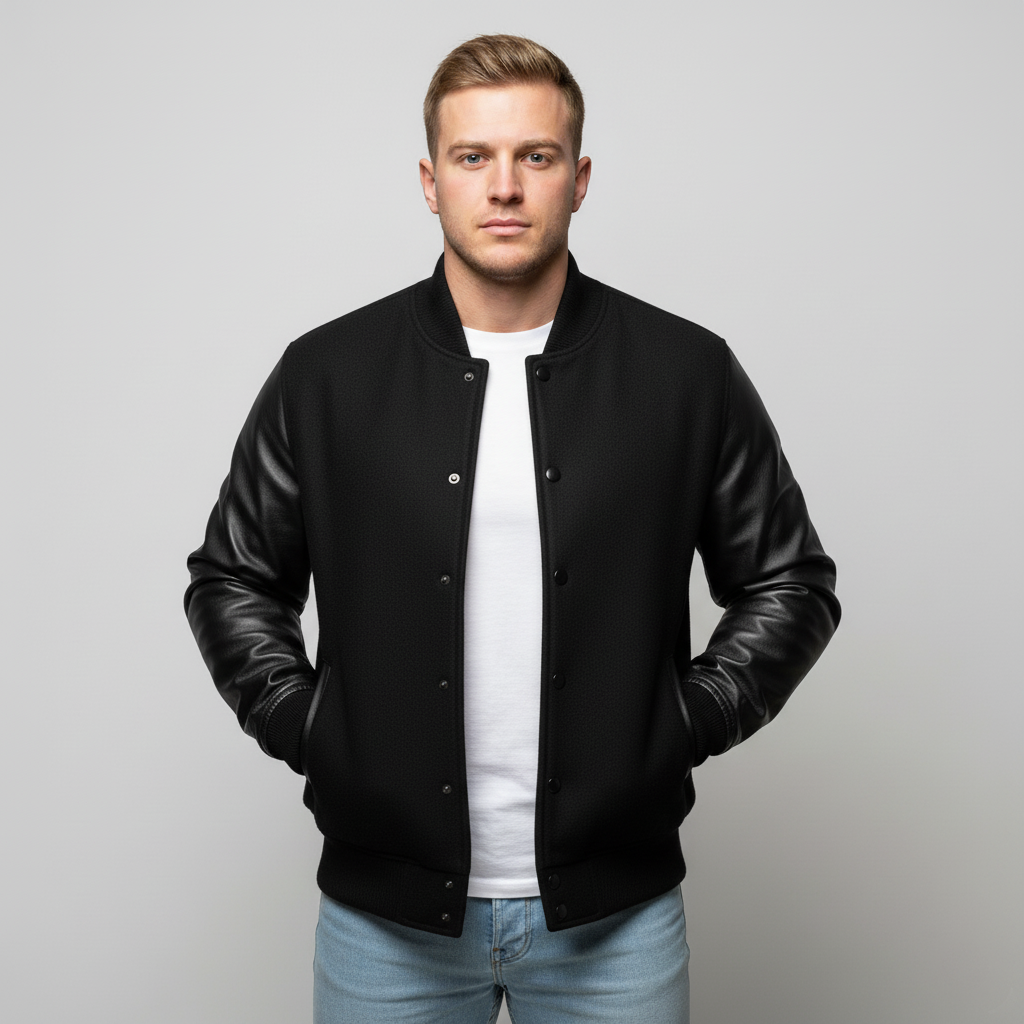 Man wearing a black leather jacket over a white shirt on a light gray background