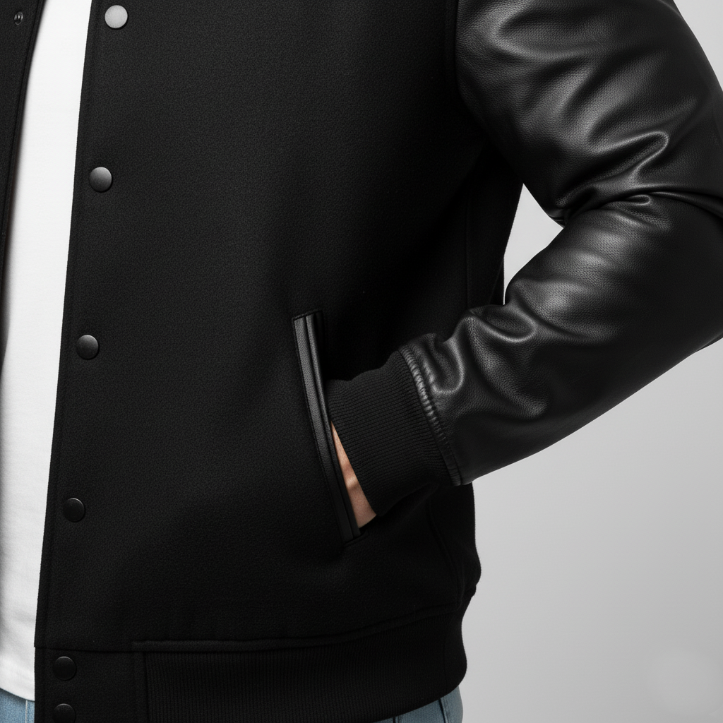 Black varsity jacket with leather sleeves on a gray background