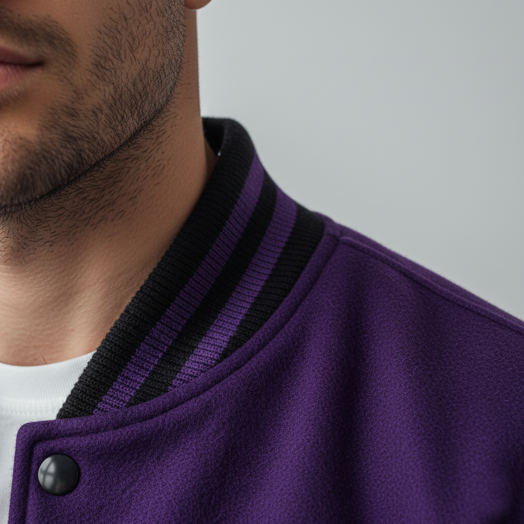 Close-up of a person wearing a purple varsity jacket with black trim on a gray background