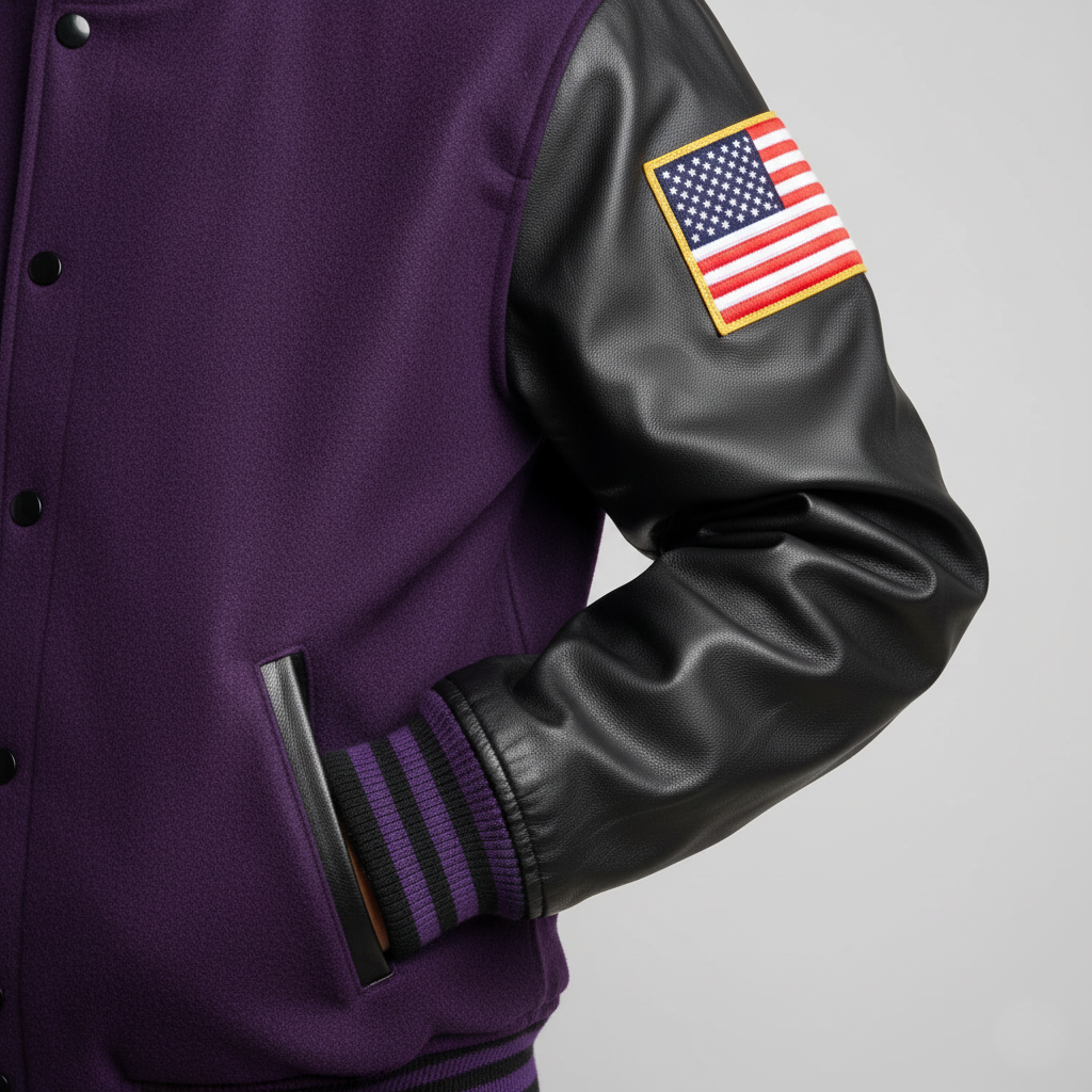 Purple varsity jacket with black leather sleeves and American flag patch on a gray background