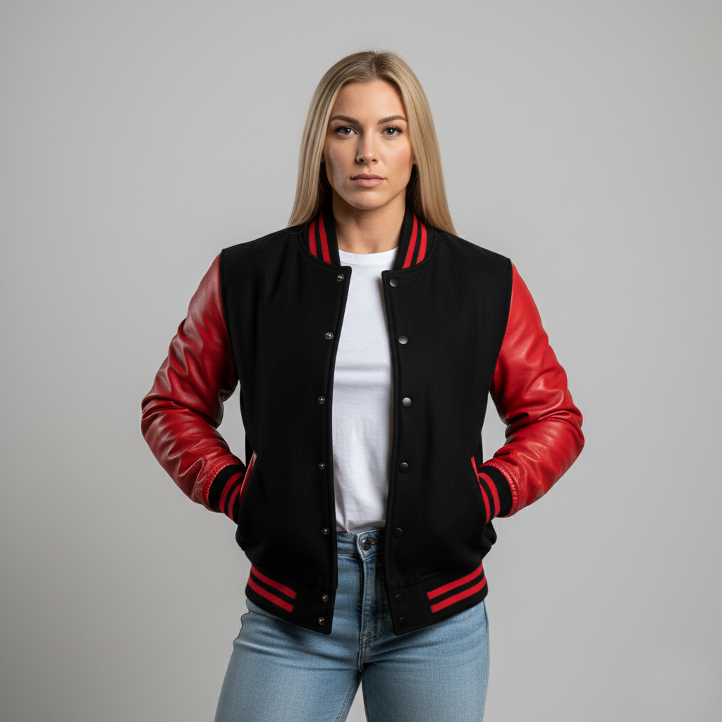 Person wearing a black and red varsity jacket on a gray background