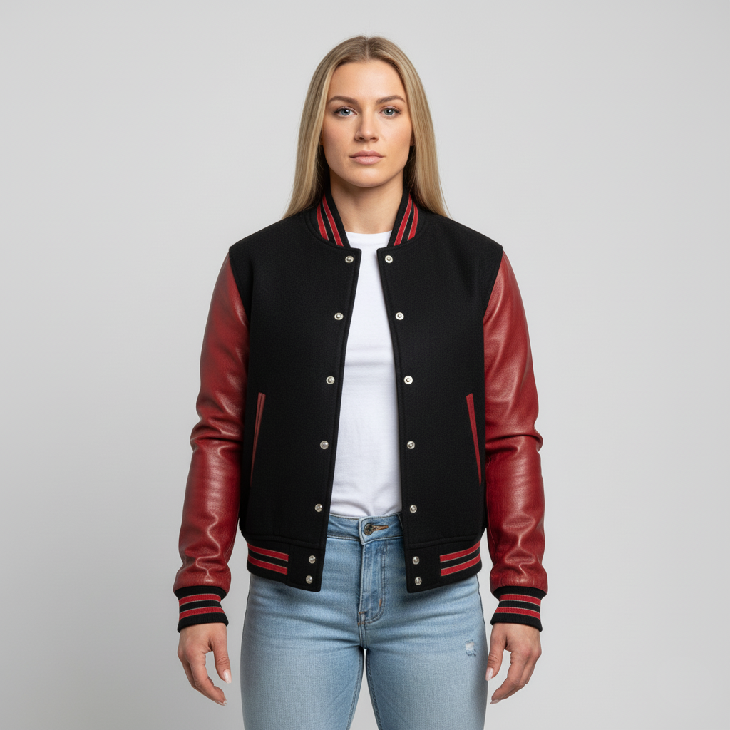 Person wearing a black and red varsity jacket on a gray background