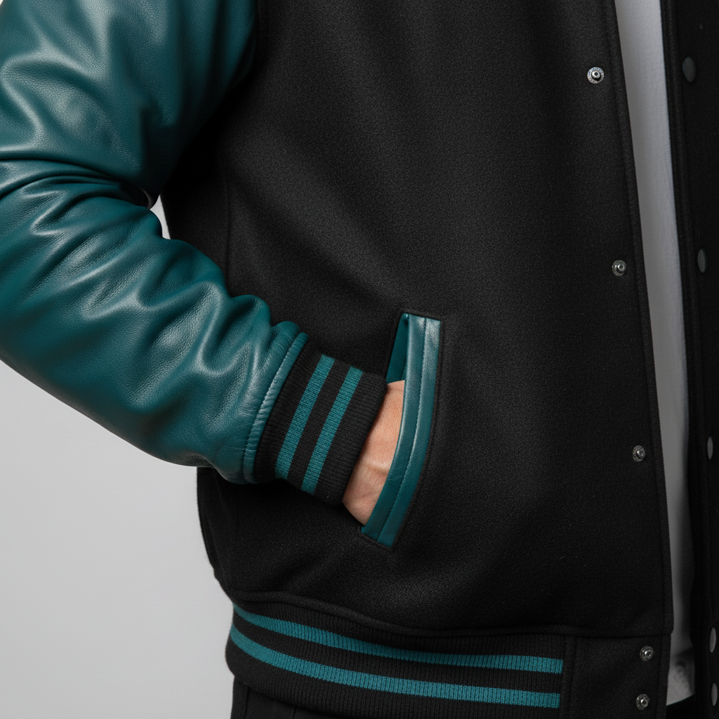 Black varsity jacket with teal accents on a plain background