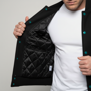 Person wearing a black quilted jacket with green buttons, holding it open to reveal the interior.