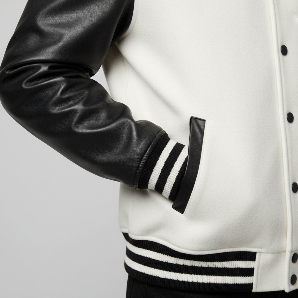 White varsity jacket with black leather sleeves on a light gray background