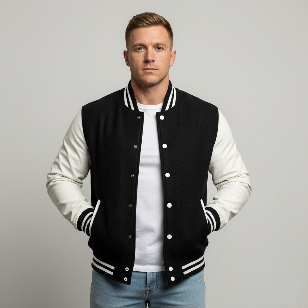 Man wearing a black and white varsity jacket on a gray background