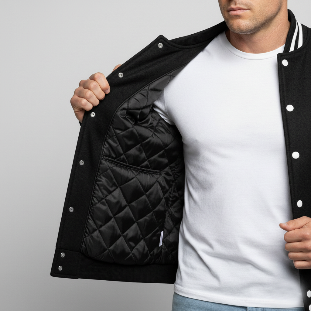 Person wearing a black quilted jacket with white buttons on a gray background 