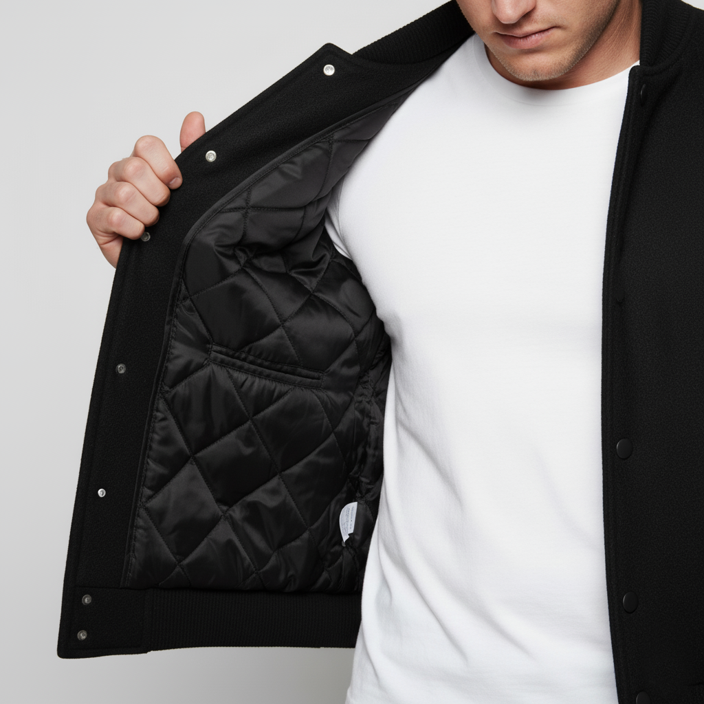 Person wearing a black quilted jacket over a white shirt on a light gray background