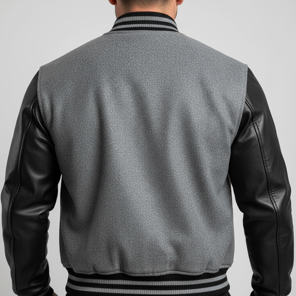 Gray varsity jacket with black leather sleeves on a gray background