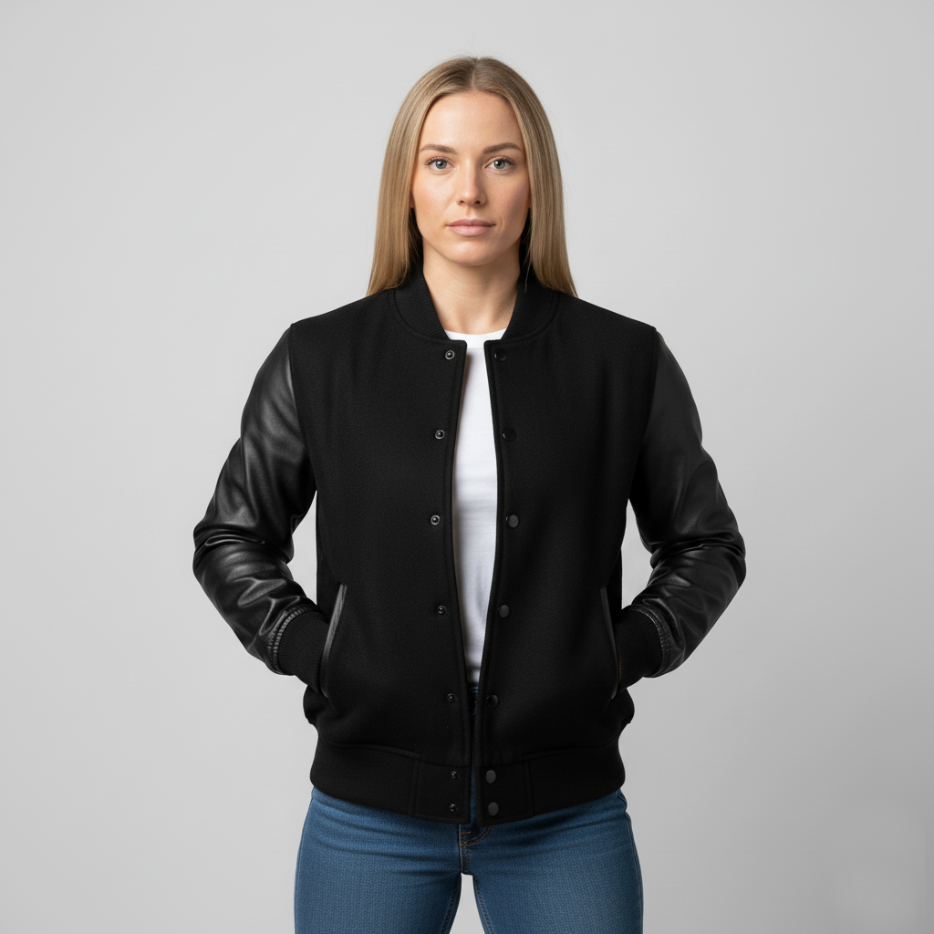 Woman wearing a black bomber jacket with leather sleeves on a gray background