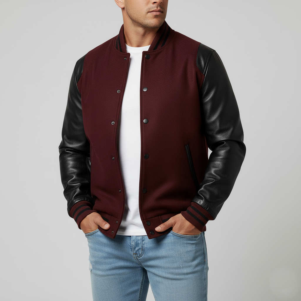 Man wearing a maroon varsity jacket with black leather sleeves on a plain background