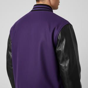 Purple jacket with black leather sleeves on a gray background