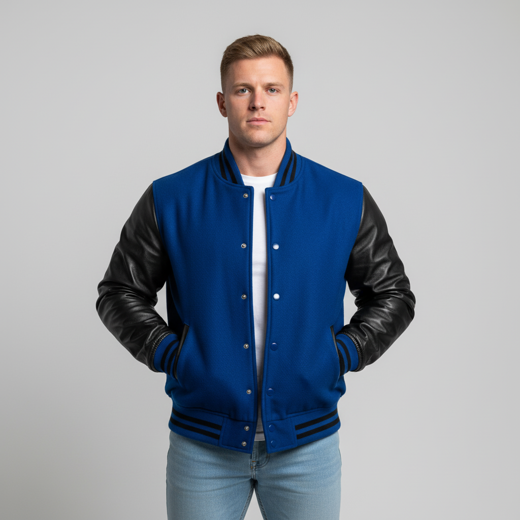 Man wearing a blue and black varsity jacket, hands in pockets on a gray background
